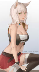 Rule 34 | 1girl, absurdres, animal ears, warrior of light (ff14), bad id, bad pixiv id, bandeau, belt, between legs, black belt, black thighhighs, breasts, cat ears, cleavage, collarbone, facial mark, final fantasy, final fantasy xiv, green eyes, grey background, hand between legs, highres, large breasts, long hair, midriff, miniskirt, miqo&#039;te, navel, open mouth, red skirt, rifu (643763873), silver hair, sitting, sketch, skirt, solo, stomach, thighhighs