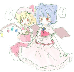 2girls blonde_hair blue_hair female_focus flandre_scarlet multiple_girls red_eyes remilia_scarlet siblings sisters tamute_(2580rs) touhou vampire wings