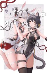 2girls absurdres animal_ear_fluff animal_ears antenna_hair bare_shoulders black_eyes black_flower black_gloves black_hair black_shorts black_thighhighs blake_bloom_(wuthering_waves) blush border breasts camellya_(wuthering_waves) cat_ears collarbone commentary_request cross-laced_clothes cross-laced_dress dress elbow_pads extra_ears female_rover_(wuthering_waves) flower gloves hair_flower hair_ornament hair_ribbon hair_vines hairclip heart highres kemonomimi_mode large_breasts micro_shorts multiple_girls outside_border rabbit_ears red_pupils ribbon rover_(wuthering_waves) short_hair shorts sideless_dress sinonomemikann sleeveless sleeveless_dress smile spoken_heart sweatdrop tacet_mark_(wuthering_waves) thigh_strap thighhighs thighs white_border white_dress white_hair wuthering_waves yellow_eyes yellow_ribbon yuri