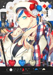 Rule 34 | 10s, 1girl, anchor hair ornament, aqua eyes, bad id, bad pixiv id, beret, blonde hair, blue flower, blue hair, blue nails, blue rose, bottle, bow, breasts, character name, closed mouth, commandant teste (kancolle), cosmetics, diamond (shape), english text, eyelashes, flower, hair between eyes, hair ornament, hat, hat flower, kantai collection, lipstick tube, long hair, long sleeves, looking at viewer, makeup, medium breasts, multicolored hair, multicolored nails, nail polish, nail polish bottle, plaid, plaid bow, plaid scarf, red flower, red hair, red nails, red rose, ringed eyes, rose, rouge (makeup), scarf, smile, solo, sparkle, streaked hair, striped, swept bangs, upper body, white flower, white hair, white hat, white nails, white rose, yakusuke