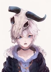 Rule 34 | 1girl, absurdres, animal skull, black jacket, blue eyes, broken, broken horn, buttons, choker, collarbone, eyelashes, fur trim, hair between eyes, highres, hood, hood down, hoodie, horns, jacket, kuuus, looking at viewer, object on head, open clothes, open jacket, open mouth, short hair, simple background, solo, spaghetti strap, teeth, tongue, track jacket, unbuttoned, upper body, vocaloid, vocanese, white hair, yanhe