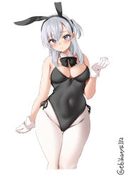 Rule 34 | 1girl, animal ears, black leotard, bow, bowtie, breasts, cleavage, covered navel, cowboy shot, detached collar, ebifurya, fake animal ears, gloves, grey eyes, highres, kantai collection, large breasts, leotard, long hair, one side up, pantyhose, parted lips, playboy bunny, rabbit ears, silver hair, simple background, solo, strapless, strapless leotard, suzutsuki (kancolle), twitter username, white background, white gloves, white pantyhose, wide hips, wrist cuffs