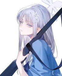 Rule 34 | 1girl, blue archive, closed mouth, colored eyelashes, commentary request, grey eyes, grey hair, gun, hair ornament, halo, haori, highres, holding, holding gun, holding weapon, japanese clothes, long hair, looking at viewer, nagusa (blue archive), reeh (yukuri130), sailor collar, school uniform, serafuku, simple background, solo, upper body, weapon, white background, white sailor collar