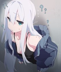 Rule 34 | 1girl, ?, ??, blue eyes, breasts, highres, jacket, jacket partially removed, long hair, mekyokyopon, nervous, parted lips, project sekai, small breasts, solo, sweat, through wall, white hair, yoisaki kanade