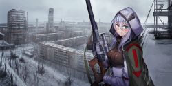 Rule 34 | 1girl, blue eyes, blush, bodysuit, cape, carbine, gloves, gun, holding, holding gun, holding weapon, hood, hood up, integral suppressor, integrally-suppressed firearm, lithium10mg, looking at viewer, original, outdoors, rifle, silver hair, sniper rifle, snow, snowing, solo, suppressor, torn cape, torn clothes, toz (tulsky oruzheiny zavod), tsniitochmash, tula arms plant, vss vintorez, weapon
