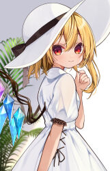 Rule 34 | 1girl, alternate costume, blonde hair, blush, closed mouth, crystal, dress, flandre scarlet, hair between eyes, hat, highres, long hair, looking at viewer, one side up, puffy short sleeves, puffy sleeves, red eyes, short sleeves, smile, solo, touhou, white dress, white hat, wings, yuineko