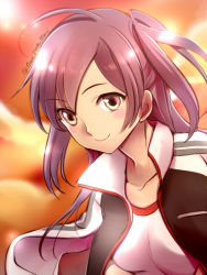 Rule 34 | 10s, 1girl, ahoge, alternate costume, blush, breasts, brown eyes, collarbone, eyebrows, hagikaze (kancolle), jacket, kantai collection, leaning forward, long hair, looking at viewer, open clothes, open jacket, primary stage, purple hair, side ponytail, smile, solo, sunset, twitter username
