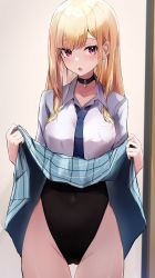 Rule 34 | 1girl, absurdres, black choker, blonde hair, blue necktie, blue skirt, choker, clothes lift, commentary request, covered navel, ear piercing, earrings, highres, jewelry, kitagawa marin, leotard, leotard under clothes, lifting own clothes, long hair, long sleeves, looking at viewer, nanashinayuzu mochi, necktie, open mouth, piercing, pink eyes, plaid, plaid skirt, school uniform, skirt, skirt lift, solo, sono bisque doll wa koi wo suru, thighs