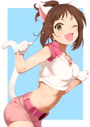 Rule 34 | 10s, 1girl, animal ears, armpit peek, bad id, bad twitter id, belt, blush, breasts, brown hair, cat ears, cat tail, crop top, fang, gloves, green eyes, idolmaster, idolmaster cinderella girls, inactive account, looking at viewer, maekawa miku, midriff, navel, one eye closed, open mouth, pettan p, ponytail, short hair, shorts, simple background, smile, solo, sweat, tail, white gloves