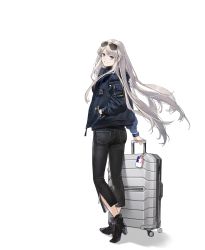 Rule 34 | 1girl, azur lane, black footwear, boots, denim, enterprise (azur lane), enterprise (bon voyage) (azur lane), eyewear on head, from behind, grin, hand in pocket, hao (patinnko), high heel boots, high heels, highres, holding, holding suitcase, jacket, jeans, long hair, looking at viewer, official alternate costume, official art, pants, purple eyes, silver hair, smile, standing, suitcase, sunglasses, transparent background, very long hair, watch, wristwatch