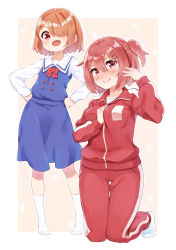 Rule 34 | 2girls, alternate hairstyle, arm up, blue dress, blush, brown hair, commentary request, dress, embarrassed, fang, full body, hair ornament, hair over one eye, hairclip, hairstyle switch, hand on own chest, hands on own hips, highres, hoshino hinata, hoshino miyako (wataten), jacket, kneehighs, kneeling, multiple girls, open mouth, pants, pinafore dress, pink eyes, red eyes, shirt, short hair, siblings, side ponytail, sisters, sleeveless dress, smile, socks, tears, track jacket, track pants, track suit, watashi ni tenshi ga maiorita!, white footwear, white legwear, white shirt