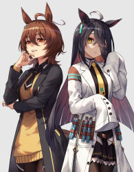 Rule 34 | 2girls, agnes tachyon (umamusume), agnes tachyon (umamusume) (cosplay), ahoge, animal ears, black coat, black hair, black legwear, black shirt, black skirt, brown hair, coat, collared shirt, commentary request, cosplay, costume switch, cowboy shot, earrings, eyes visible through hair, grey background, hand on own chin, hand up, highres, horse ears, horse girl, horse tail, jewelry, lab coat, long hair, looking at viewer, manhattan cafe (umamusume), manhattan cafe (umamusume) (cosplay), medium hair, multiple girls, necktie, open mouth, pantyhose, pleated skirt, red eyes, shirt, simple background, single earring, skirt, sleeves past wrists, suneru, sweater, tail, test tube, umamusume, yellow eyes, yellow neckwear, yellow sweater, zipper