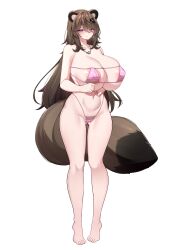 Rule 34 | 1girl, 5danny1206, animal ears, barefoot, blush, breasts, brown hair, brown tail, collarbone, covered erect nipples, full body, gluteal fold, hair between eyes, hair ornament, hairclip, highres, huge breasts, jewelry, long hair, navel, necklace, original, purple eyes, raccoon ears, raccoon girl, raccoon tail, ring, solo, tail, tiptoes