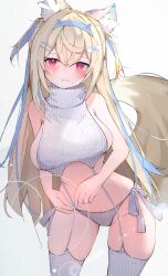 Rule 34 | 1girl, absurdres, animal ear fluff, animal ears, bandaid, bandaid hair ornament, blonde hair, blue hair, blue nails, blush, breasts, dog ears, dog girl, dog tail, fuwawa abyssgard, garter straps, hair ornament, hairpin, highres, hololive, hololive english, large breasts, long hair, looking at viewer, meme attire, midorikawa (tawf5452), multicolored hair, nail polish, panties, pink eyes, side-tie panties, sidelocks, smile, solo, streaked hair, sweater, tail, thighhighs, turtleneck, turtleneck sweater, two side up, underwear, virgin destroyer sweater, virtual youtuber, white garter straps, white panties, white sweater, white thighhighs