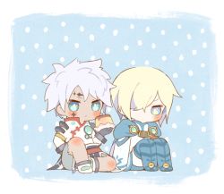 Rule 34 | 2boys, blonde hair, blue eyes, blush, boots, cape, chibi, dark skin, grey hair, hair over one eye, multiple boys, pudding, senel coolidge, shoes, short hair, shorts, tales of (series), tales of legendia, tattoo, thigh boots, walter delques