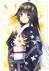 Rule 34 | 1girl, ahoge, black hair, black kimono, blue eyes, blunt bangs, blush, bracelet, closed mouth, floral background, floral print, flower, from side, gradient hair, hair flaps, hair ornament, hairclip, hand up, happy new year, headpiece, highres, japanese clothes, jewelry, kimono, kurebayashi noe, long hair, looking at viewer, multicolored hair, new year, obi, original, sash, smile, solo, standing, very long hair, white flower, white hair