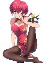 1girl black_pantyhose braid braided_ponytail breasts china_dress chinese_clothes cleavage cleavage_cutout clothing_cutout covered_navel dress highres large_breasts long_hair looking_at_viewer nishizuki_shino p-chan pantyhose piglet ranma-chan ranma_1/2 red_dress red_eyes red_hair simple_background single_braid sitting white_background