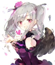Rule 34 | 10s, 1girl, :d, atsumi jun, bare shoulders, black wings, drill hair, flower, from side, gothic lolita, hair flower, hair ornament, idolmaster, idolmaster cinderella girls, kanzaki ranko, lolita fashion, long sleeves, looking at viewer, open mouth, outstretched hand, red eyes, silver hair, smile, solo, twin drills, twintails, wings