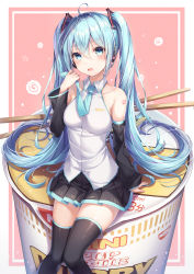 Rule 34 | 1girl, absurdres, ahoge, aqua eyes, aqua hair, aqua necktie, black skirt, black sleeves, black thighhighs, blush, breasts, chopsticks, collarbone, collared shirt, commentary request, dangmyo, detached sleeves, feet out of frame, hair between eyes, hatsune miku, highres, holding necktie, korean commentary, long hair, long sleeves, medium breasts, mini person, minigirl, miniskirt, necktie, nissin cup noodle, open mouth, oversized object, pink background, pleated skirt, shirt, sitting, sitting on object, skirt, solo, thighhighs, twintails, two-tone background, v-shaped eyebrows, very long hair, vocaloid, white shirt, zettai ryouiki
