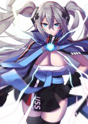 Rule 34 | 1girl, absurdres, azur lane, black dress, blue cloak, blue eyes, breasts, cape, cleavage, cloak, commentary request, commission, dress, grey eyes, grey hair, hair between eyes, hair ornament, high collar, highres, intrepid (azur lane), large breasts, long hair, looking at viewer, marumai, mole, mole on breast, short dress, sidelocks, skeb commission, solo, strapless, strapless dress, twintails, two side up, very long hair