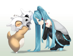 Rule 34 | 1girl, bare shoulders, black footwear, black gloves, black skirt, blue eyes, boots, closed mouth, commentary, creatures (company), crossover, cubone, elbow gloves, from side, game freak, gen 1 pokemon, gloves, grey shirt, hatsune miku, heart, high heel boots, high heels, highres, holding, long hair, nintendo, number tattoo, pleated skirt, pokemon, pokemon (creature), reirou (chokoonnpu), shirt, skirt, skull, smile, squatting, symbol-only commentary, tattoo, vocaloid