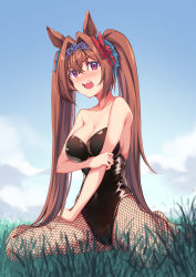 Rule 34 | 1girl, animal ears, arm under breasts, bare arms, bare shoulders, black leotard, blush, bow, brown hair, collarbone, crossed bangs, daiwa scarlet (umamusume), fishnet pantyhose, fishnets, grass, hair bow, hair intakes, hair ornament, highres, horse ears, horse girl, huan (hao7551789), kneeling, leotard, long hair, looking at viewer, open mouth, outdoors, pantyhose, red bow, red eyes, sky, sleeveless, solo, tiara, twintails, umamusume, very long hair