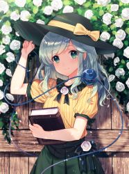 Rule 34 | 1girl, adapted costume, arm up, bad id, bad pixiv id, black bow, black bowtie, black hat, blush, book, bow, bowtie, closed mouth, cowboy shot, day, fence, fingernails, flower, green eyes, green hair, green skirt, hand on headwear, hat, hat bow, holding, holding book, komeiji koishi, leaf, light particles, light rays, lips, long hair, looking at viewer, nunucco, outdoors, puffy short sleeves, puffy sleeves, rose, rose bush, shirt, short sleeves, sidelocks, skirt, smile, solo, standing, string, striped clothes, striped shirt, sunbeam, sunlight, tareme, third eye, touhou, vertical-striped clothes, vertical-striped shirt, white flower, white rose, wooden fence, yellow bow, yellow shirt