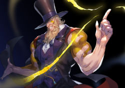 Rule 34 | 1boy, black hat, blonde hair, blue eyes, facial hair, facial mark, fingernails, formal, g (street fighter), grin, hat, looking at viewer, male focus, muscular, muscular male, mustache, open hand, parted lips, patterned, patterned clothing, pointing, privokome, shoulder tattoo, smile, solo, street fighter, suit, tattoo, teeth, top hat