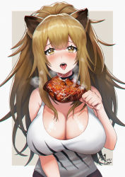 Rule 34 | 1girl, animal ears, arknights, bare shoulders, black choker, blush, border, breasts, breath, brown eyes, brown hair, choker, cleavage, commentary request, fangs, food, grey background, grey border, hand up, highres, holding, holding food, large breasts, lion ears, long hair, looking at viewer, meat, noixen, nose blush, open mouth, outside border, saliva, saliva trail, siege (arknights), simple background, solo, tank top, tears, tongue, tongue out, upper body, white tank top