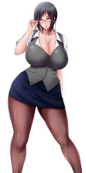 Rule 34 | 1girl, bad id, bad pixiv id, black hair, blush, breasts, cleavage, curvy, dress shirt, glasses, highres, huge breasts, looking at viewer, office lady, open mouth, original, pantyhose, pencil skirt, red eyes, saogokushi, shirt, short hair, simple background, skirt, solo, vest, wide hips