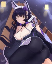 1girl absurdres aj_gtv animal_ears ass azur_lane bare_shoulders black_hair black_kimono boat breasts cleavage facepaint fox_ears fox_girl from_above gloves hand_up highres japanese_clothes kimono legs_folded long_hair looking_at_viewer looking_back looking_to_the_side looking_up lying medium_breasts musashi_(azur_lane) musashi_(violet_moonglow)_(azur_lane) on_boat on_side purple_hair smile solo thighs very_long_hair watercraft white_gloves yellow_eyes