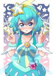 Rule 34 | 1girl, aqua eyes, aqua hair, blue choker, blue dress, blush, bracelet, choker, collarbone, commentary, cowboy shot, cure milky, double v, dress, earrings, gradient background, hagoromo lala, hair between eyes, hair ornament, hairband, holding, holding star, jewelry, looking at viewer, magical girl, open mouth, patterned background, pouch, precure, see-through, shooting star hair ornament, short hair, sidelocks, solo, star-shaped pupils, star (symbol), star earrings, star hair ornament, star twinkle precure, symbol-shaped pupils, tokunou shoutarou, v, wrist cuffs