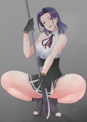 Rule 34 | 1girl, absurdres, black gloves, black skirt, dated, full body, gloves, grey background, highres, irukatto, kantai collection, naginata, polearm, purple hair, skirt, sleeveless, solo, spread legs, squatting, thick thighs, thighs, tongue, tongue out, twitter username, weapon