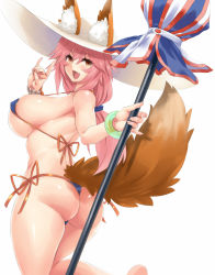 Rule 34 | 1girl, animal ears, ass, bare shoulders, bikini, blush, breasts, fang, fate/grand order, fate (series), fox ears, fox shadow puppet, fox tail, hat, hayama kazusa, highres, huge ass, large breasts, long hair, looking at viewer, looking back, open mouth, orange eyes, pink hair, shiny skin, sideboob, smile, solo, swimsuit, tail, tamamo (fate), tamamo no mae (fate/extra), thick thighs, thighs, thong, thong bikini, umbrella