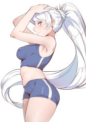 Rule 34 | 1girl, absurdres, alternate costume, arkasha, armpits, arms up, bad id, bad pixiv id, bare arms, bare shoulders, blue eyes, blue shorts, blush, breasts, closed mouth, commentary request, cowboy shot, earrings, from side, hands on own head, high ponytail, highres, jewelry, long hair, looking at viewer, looking to the side, medium breasts, navel, rwby, scar, scar across eye, scar on face, shorts, sideways glance, simple background, smile, solo, sports bra, very long hair, weiss schnee, white background, white hair