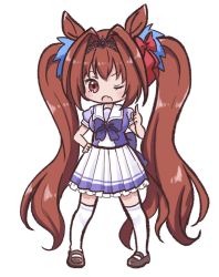 Rule 34 | 1girl, ;o, animal ears, blouse, blue bow, blue shirt, blush, bow, breasts, brown eyes, brown footwear, brown hair, daiwa scarlet (umamusume), fang, frilled skirt, frills, full body, hair bow, hair intakes, hand on own hip, hand up, highres, horse ears, horse girl, horse tail, index finger raised, long hair, medium breasts, one eye closed, open mouth, pleated skirt, puffy short sleeves, puffy sleeves, purple shirt, red bow, school uniform, shika (s1ka), shirt, shoes, short sleeves, sidelocks, simple background, skirt, solo, standing, tail, thighhighs, tiara, tracen school uniform, twintails, umamusume, very long hair, white background, white skirt, white thighhighs