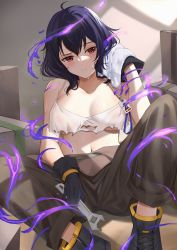 Rule 34 | arknights, arm strap, aura, bare shoulders, black footwear, black hair, breasts, brown overalls, brown pants, camisole, cleavage, commission, cosplay, crop top, dark aura, eunectes (arknights), eunectes (arknights) (cosplay), eunectes (forgemaster) (arknights), fire emblem, hand on goggles, highres, holding, holding wrench, kauru00, looking to the side, medium breasts, midriff, morgan (female) (fire emblem), morgan (fire emblem), navel, nintendo, overalls, pants, red eyes, shoes, short hair, sitting, sleeveless, sweat, tool belt, tools, wrench