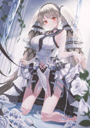 Rule 34 | 1girl, absurdres, azur lane, bare shoulders, black choker, black dress, black nails, black sailor collar, blush, bow, breasts, choker, clothing cutout, dress, dress bow, feather dress, flower, formidable (azur lane), formidable (timeless classics) (azur lane), frilled dress, frills, hair ornament, highres, large breasts, long hair, looking at viewer, nail polish, navel, navel cutout, official alternate costume, prock, red eyes, ribbon, sailor collar, solo, thighs, twintails, two-tone ribbon, veil, very long hair, water, white dress