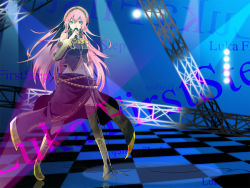 Rule 34 | 1girl, aqua eyes, bad id, bad pixiv id, boots, checkered floor, floor, long hair, megurine luka, microphone, microphone stand, navel, perspective, pink hair, skirt, solo, thighhighs, very long hair, vocaloid, yucco kxoxc