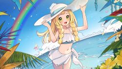 Rule 34 | 1girl, :d, absurdres, bare arms, bikini, bikini top only, blonde hair, blue sky, border, braid, cloud, creatures (company), cumulonimbus cloud, day, falling petals, flower, game freak, green eyes, hands on headwear, hat, highres, kinocopro, lillie (pokemon), long hair, looking at viewer, navel, nintendo, ocean, open mouth, outdoors, petals, plant, pokemon, pokemon (anime), pokemon sm (anime), rainbow, sarong, sky, smile, solo, sparkle, stomach, sun hat, swimsuit, teeth, thigh gap, twin braids, twitter username, wading, water, white hat, yellow border, yellow flower