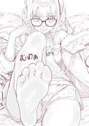 Rule 34 | 1girl, armpit crease, ashiura komachi (asikoma777), bare legs, barefoot, blunt bangs, closed mouth, collarbone, commentary, english commentary, eyelashes, feet, foot focus, foot out of frame, foot up, foreshortening, fur-trimmed jacket, fur trim, glasses, greek toe, greyscale, headphones, highres, hood, hood down, indoors, jacket, knee up, legs, long sleeves, looking at viewer, mixed-language commentary, monochrome, nail polish, off shoulder, open clothes, open jacket, paid reward available, persona, persona 5, sakura futaba, short shorts, shorts, single bare shoulder, sitting, smile, soles, solo, thighs, toenail polish, toenails, toes