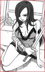 Rule 34 | 00s, 1girl, bandages, bare legs, barefoot, erza scarlet, fairy tail, female focus, greyscale, lingerie, mashima hiro, monochrome, official art, solo, sword, underwear, weapon