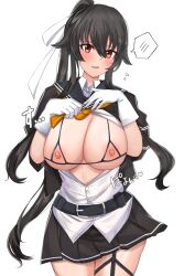 Rule 34 | 1girl, alternate breast size, belt, belt buckle, bikini, black belt, black bikini, black hair, black sailor collar, breasts, breasts out, buckle, collared shirt, commentary request, commission, cowboy shot, cupless bikini, flying sweatdrops, garter straps, gloves, hair between eyes, hair ribbon, hands up, highres, kantai collection, large breasts, long hair, looking at viewer, neckerchief, nipples, open mouth, orange neckerchief, partial commentary, partially unbuttoned, pleated skirt, ponytail, red eyes, ribbon, sailor collar, school uniform, serafuku, shirt, short sleeves, single garter strap, skeb commission, skirt, solo, spoken blush, string bikini, swimsuit, toshimasa (ztvy3575), very long hair, white background, white gloves, white ribbon, white shirt, yahagi (kancolle), yahagi kai ni (kancolle)