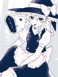 Rule 34 | :o, apron, black dress, black hat, blue theme, blush, bow, brown eyes, commentary request, dress, eyes visible through hair, frilled hat, frills, hair between eyes, hair ribbon, hat, highres, kirisame marisa, long hair, looking at viewer, necono (nyu6poko), open mouth, partially colored, ribbon, signature, solo, speech bubble, squiggle, tagme, teeth, touhou, translation request, white apron, white legwear, white sleeves, witch hat