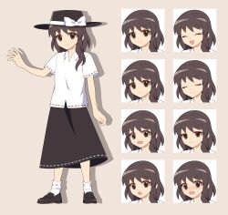 Rule 34 | 1girl, 4rion, absurdres, black footwear, black hat, black skirt, blush, bow, brown eyes, brown hair, closed eyes, closed mouth, collared shirt, commentary request, expressions, fedora, full body, hat, hat bow, highres, loafers, long skirt, looking at viewer, multiple views, open mouth, shirt, shoes, short sleeves, simple background, skirt, standing, taboo japan disentanglement, tachi-e, touhou, usami renko, white bow, white shirt