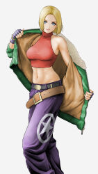 Rule 34 | 1girl, baggy pants, belt, black belt, blonde hair, blue eyes, blue mary, breasts, brown belt, crop top, feet out of frame, fingerless gloves, fur-trimmed jacket, fur trim, gloves, green jacket, halterneck, highres, jacket, jacket partially removed, looking at viewer, loose belt, medium breasts, midriff, multiple belts, navel, pants, parted bangs, purple pants, red shirt, shirt, short hair, single bare shoulder, smile, solo, standing, the king of fighters, toned, white background, x chitch