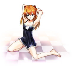 Rule 34 | 1girl, armpits, arms up, bad id, bad pixiv id, bare legs, barefoot, black dress, blue eyes, checkered floor, dress, feet, floor, frilled dress, frills, hair ornament, interface headset, kuzuvine, legs, looking at viewer, naughty face, neon genesis evangelion, orange hair, ribbon, smile, solo, souryuu asuka langley, toes