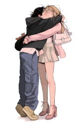 Rule 34 | 2girls, bag, black hair, black hoodie, blue pants, blush, brown footwear, brown hair, closed eyes, commentary request, genderswap, genderswap (mtf), grey skirt, handbag, haotmeal, high heels, highres, hood, hoodie, jacket, k-pop, kiss, korean commentary, long hair, long sleeves, multiple girls, pants, pink footwear, pink jacket, real life, red panda, shirt, simple background, skirt, sung han-bin, tiptoes, white background, white shirt, yuri, zerobaseone, zhang hao