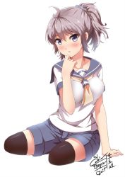 Rule 34 | 10s, 1girl, antenna hair, aoba (kancolle), blue eyes, breasts, dated, glasses, go-it, grey hair, hand on own chin, kantai collection, large breasts, looking at viewer, neckerchief, ponytail, school uniform, serafuku, short hair, shorts, signature, simple background, sitting, solo, thighhighs, white background