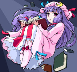 Rule 34 | 1girl, bad id, bad pixiv id, blunt bangs, book, crescent, female focus, floating, full body, hat, holding, long hair, long sleeves, looking at viewer, manji taba, mob cap, open book, patchouli knowledge, purple eyes, purple hair, solo, touhou, very long hair